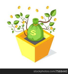 Money bag vector, isolated icon of tree growing from flower pot with soil. Golden coins and leaves financial profit and finance investment, savings. Money Bag, Tree Growing from Flower Pot with Soil