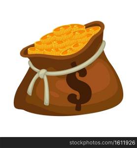 Money bag with dollar sign and thread, isolated icon of cloth sack filled with golden coins. Payment or savings, award or fortune victory. Deposit or revenue prize for work, vector in flat style. Golden coins in sack, bag full of money