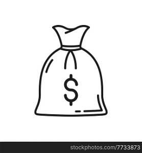 Money bag with dollar sign isolated thin line icon. Vector sack of money, bank coins or cash, finance savings and deposit symbol. Moneybag with rope, jackpot treasure funds, investment, charity profit. Sack of money with dollar sign, bag with savings