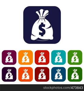 Money bag with US dollar sign icons set vector illustration in flat style In colors red, blue, green and other. Money bag with US dollar sign icons set flat