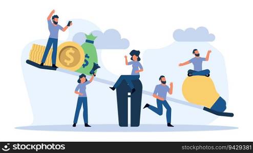Money balance on scale comparison equilibrium vector business illustration. Idea light bulb and gold coin finance. Man and woman concept income investment earning. Profit work report weight cashflow