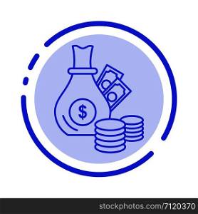 Money, Bank, Business, Coins, Gold Blue Dotted Line Line Icon