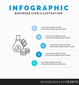 Money, Bank, Business, Coins, Gold Line icon with 5 steps presentation infographics Background