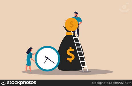 Money bank for business. Time is money vector illustration concept. The man puts a coin in the bag and the girl pushes the watch. Financial investment of people success. Invest and profit fund cash