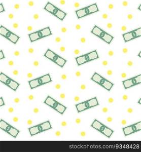 Money banknote and coins seamless pattern. Dollar currency business, banknote money falling, finance background vector illustration. Money banknote and coins seamless pattern