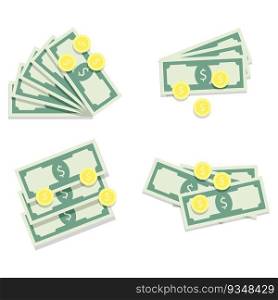 Money banknote fan and golden coins. Money icon dollar, finance cash stack, vector illustration. Money banknote fan and golden coins