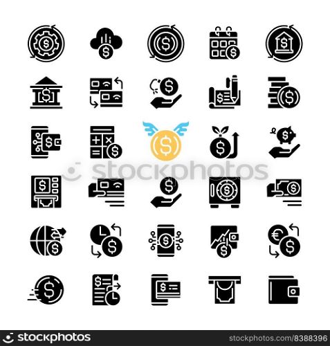 Money black glyph icons set on white space. Personal, business finances. Savings and investment. Paper banknotes. Digital cash. Silhouette symbols. Solid pictogram pack. Vector isolated illustration. Money black glyph icons set on white space