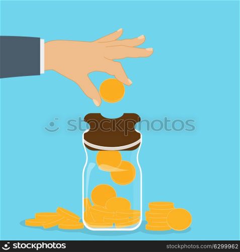 Money box bank with falling gold coins - Contribution to the Future. Vector Illustration. EPS10. Piggy bank with falling gold coins - Contribution to the Future.