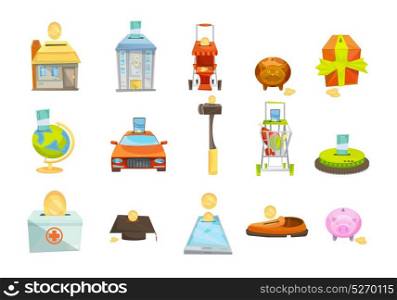 Money Box Concept Elements. Money box isolated icons set with conceptual images of various valuable goods with slots for coins vector illustration