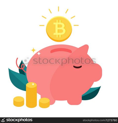 Money box pig with Cryptocurrency bitcoin. Design concept banner.. Money box pig with Cryptocurrency bitcoin.