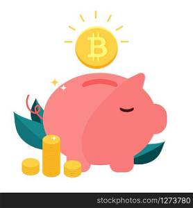 Money box pig with Cryptocurrency bitcoin. Design concept banner.. Money box pig with Cryptocurrency bitcoin.