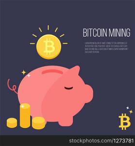 Money box pig with falling bitcoin. Design concept banner with place for text. Money box pig with falling bitcoin.