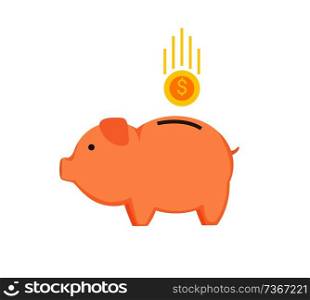 Money-box shape of pig coin with dollar sign dropped in cute animal, deposit and saving money concept vector illustration isolated on white background. Money-Box in Shape of Pig Vector Illustration