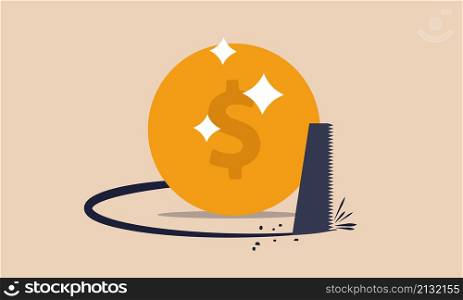 Money budget theft and mistake cost steal expensive coin. Fraud and failure business wrong vector illustration concept with saw. Crisis dollar poor and loan away trap metaphor. Finance risk problem