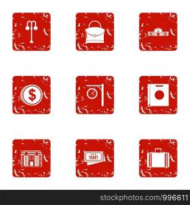Money building icons set. Grunge set of 9 money building vector icons for web isolated on white background. Money building icons set, grunge style