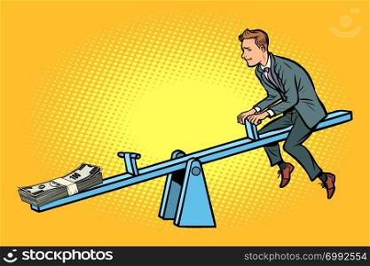 Money business balance. Of a seesaw. Swing Board balancer. Comic cartoon pop art retro vector illustration drawing. Money business balance. Of a seesaw. Swing Board balancer