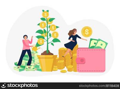Money business investment, collect coins from tree. Vector finance growth and wealth, financial investment then income illustration. Money business investment, collect coins from tree