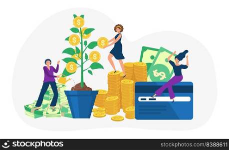 Money business investment collect profit from tree. Vector business investment and profit coin concept, financial cash tree illustration. Money business investment collect profit from tree
