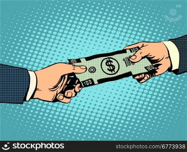 Money buying dollars business concept selling pop art retro style. Money buying dollars business concept