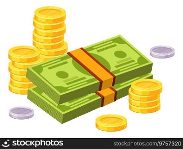 Money cartoon icon. Dollar cash. Isometric bills and coins isolated on white background. Money cartoon icon. Dollar cash. Isometric bills and coins