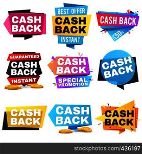 Money cash back vector labels and stickers. Set of cashback badge for shop, tag label cash back after sale illustration. Money cash back vector labels and stickers set