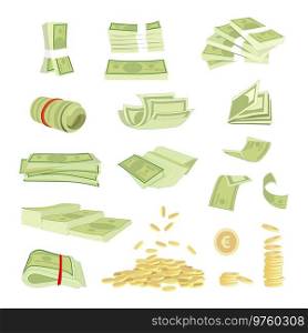 Money cash banknotes currency vector illustration. Various money bills dollar, paper bank notes and gold euro coins. Collection of cash heap pile, rolled stack and pile of coins, heap profit money. Money cash banknotes currency vector illustration, bills dollar