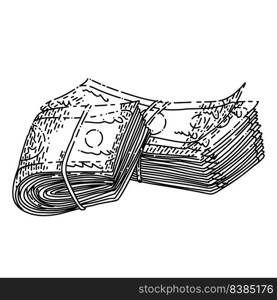 money cash hand drawn vector. dollar currency, pile bill, green finance money cash sketch. isolated black illustration. money cash sketch hand drawn vector