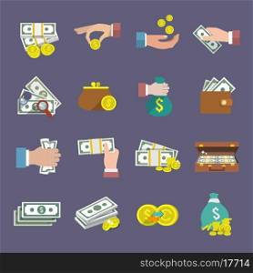 Money coin and paper cash icon flat set isolated vector illustration