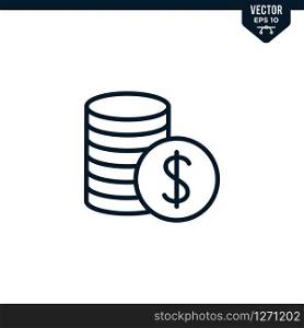 Money coin icon collection in outlined or line art style, editable stroke vector