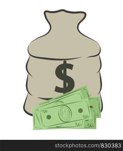 money coins bag and bills, stock vector illustration