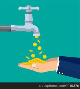 Money coins flows to hand from tap. Vector illustration in flat style. Money coins flows to hand from tap