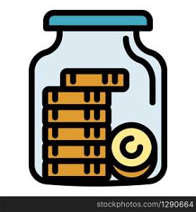 Money coins in jar icon. Outline money coins in jar vector icon for web design isolated on white background. Money coins in jar icon, outline style