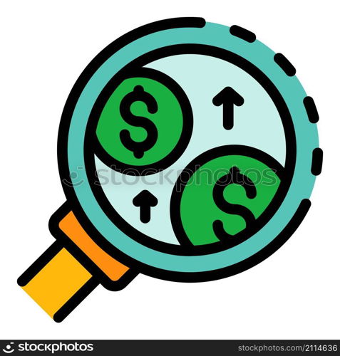 Money coins under magnifier icon. Outline money coins under magnifier vector icon color flat isolated. Money coins under magnifier icon color outline vector