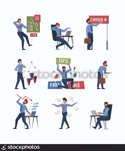 Money crises. Business broken company bankruptcy investment economy recession garish vector flat people illustration. Crisis business finance and bankruptcy. Money crises. Business broken company bankruptcy investment economy recession garish vector flat people illustration