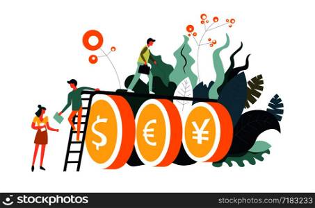 Money currencies of different countries and people vector. Dollar and euro, Chinese golden coins, exchange and banking rate. Male with briefcase walking along ladder and foliage decorative leaves. Money currencies of different countries and people vector