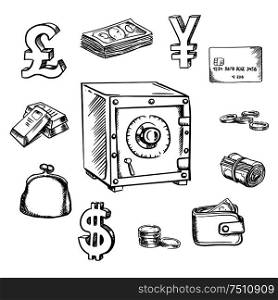 Money, currency and finance sketch icons with safe, surrounded by money roll, bank credit card, stack of dollar bills, coins, gold bars, dollar, pound and yen currency signs, wallet and purse. Finance, business and savings concept