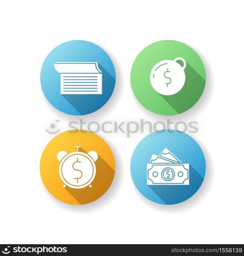 Money debt flat design long shadow glyph icons set. Write in checkbook. Heavy financial burden. Pay taxes. Dollar banknotes. Banking operation. Revenue cash. Silhouette RGB color illustration. Money debt flat design long shadow glyph icons set