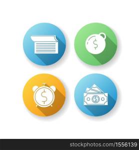 Money debt flat design long shadow glyph icons set. Write in checkbook. Heavy financial burden. Pay taxes. Dollar banknotes. Banking operation. Revenue cash. Silhouette RGB color illustration. Money debt flat design long shadow glyph icons set