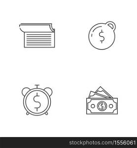 Money debt linear icons set. Write in checkbook. Heavy financial burden. Pay taxes. Countdown to payment. Customizable thin line contour symbols. Isolated vector outline illustrations. Editable stroke. Money debt linear icons set