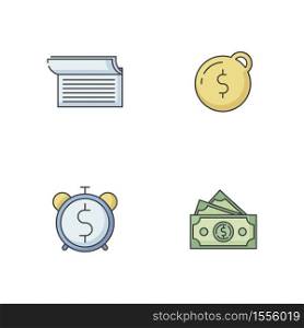 Money debt RGB color icons set. Write in checkbook. Heavy financial burden. Pay taxes. Countdown to payment. Dollar banknotes. Banking operation. Revenue cash. Isolated vector illustrations. Money debt RGB color icons set