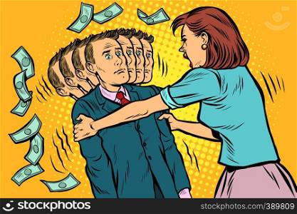 money demand. The wife shakes her husband. Women and men unequal relations, exploitation. Pop art retro vector illustration vintage kitsch 50s 60s. money demand. The wife shakes her husband. Women and men unequal relations, exploitation