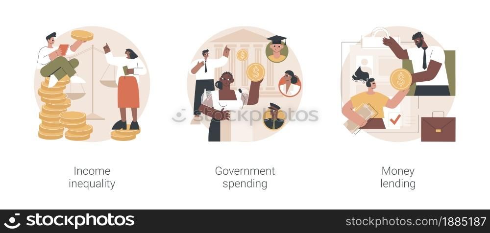 Money distribution abstract concept vector illustration set. Income inequality, government spending, money lending, salary gap, country budget, bank credit, individual loan, welfare abstract metaphor.. Money distribution abstract concept vector illustrations.