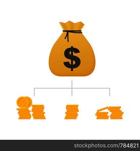 Money diversification revenue, financial diversification portfolio. Financial success and balance. Business diversification. Vector stock illustration.