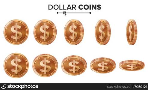 Money. Dollar 3D Copper Coins Vector Set. Realistic Illustration. Flip Different Angles. Money Front Side. Investment Concept. Finance Coin Icons, Sign, Success Banking Cash Symbol. Currency Isolated. Money. Dollar 3D Copper Coins Vector Set. Realistic Illustration. Flip Different Angles. Money Front Side. Investment Concept. Finance Coin Icons, Sign, Success Banking Cash Symbol