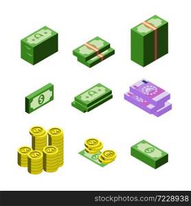 Money Dollar And Euro Banknotes Coins Isometric Set Vector. Collection Of Money Cash Heap Different Financial Currency. Bank Notes Capital Finance Exchange Greenback Illustration. Money Dollar And Euro Banknotes Coins Set Vector