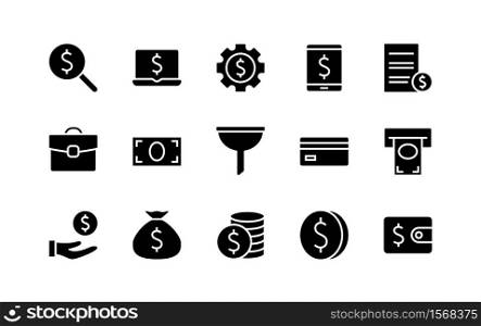 Money, dollar, banking and financial illustrations. Coin, wallet, banknotes, cash, savings, check and other outline business icons logo isolated on white background. Vector symbol set.. Money dollar banking financial illustrations coin wallet banknotes cash savings check outline business icons logo isolated white background vector symbol set