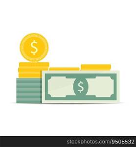 Money dollar stack banknote and golden coins stack. Vector financial profit, prosperity and jackpot, lottery and, earnings illustration. Money dollar stack banknote and golden coins stack