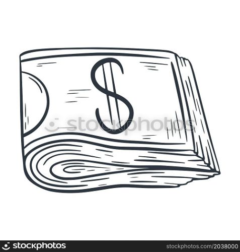 Money dollars folded in half isolated vector illustration. Cash sketch. Pile of paper money. Money dollars folded in half isolated vector illustration