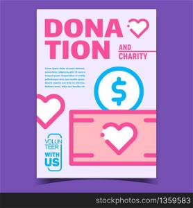 Money Donation Creative Advertising Banner Vector. Banknote With Heart And Coin With Dollar Mark, Financial Donation And Charity On Bright Promo Poster. Concept Template Stylish Colorful Illustration. Money Donation Creative Advertising Banner Vector
