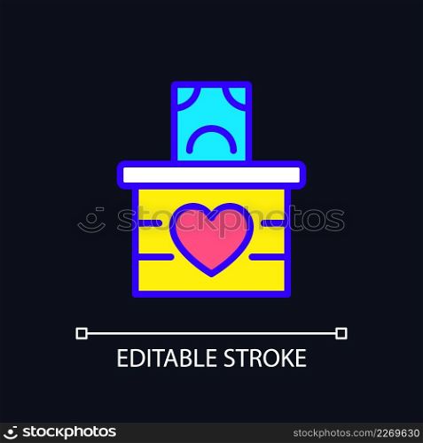 Money donation pixel perfect RGB color icon for dark theme. Cash charitable contributions. Generous benefaction. Simple filled line drawing on night mode background. Editable stroke. Arial font used. Money donation pixel perfect RGB color icon for dark theme